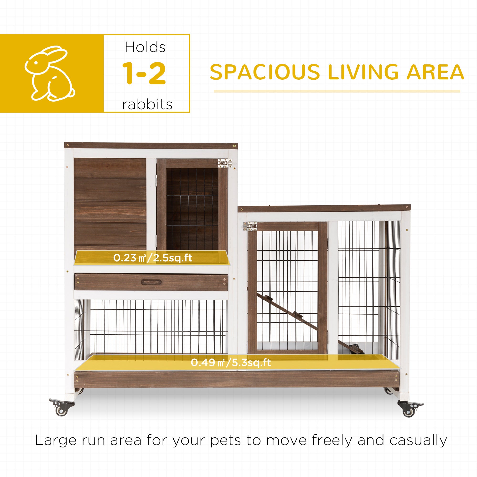 PawHut Two-Tier Rabbit Hutch Pet Cage, With Wheels - Brown