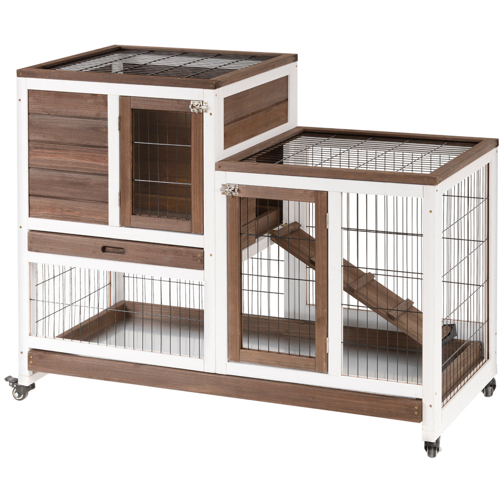 PawHut Two-Tier Rabbit Hutch Pet Cage, With Wheels - Brown