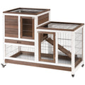 PawHut Two-Tier Rabbit Hutch Pet Cage, With Wheels - Brown