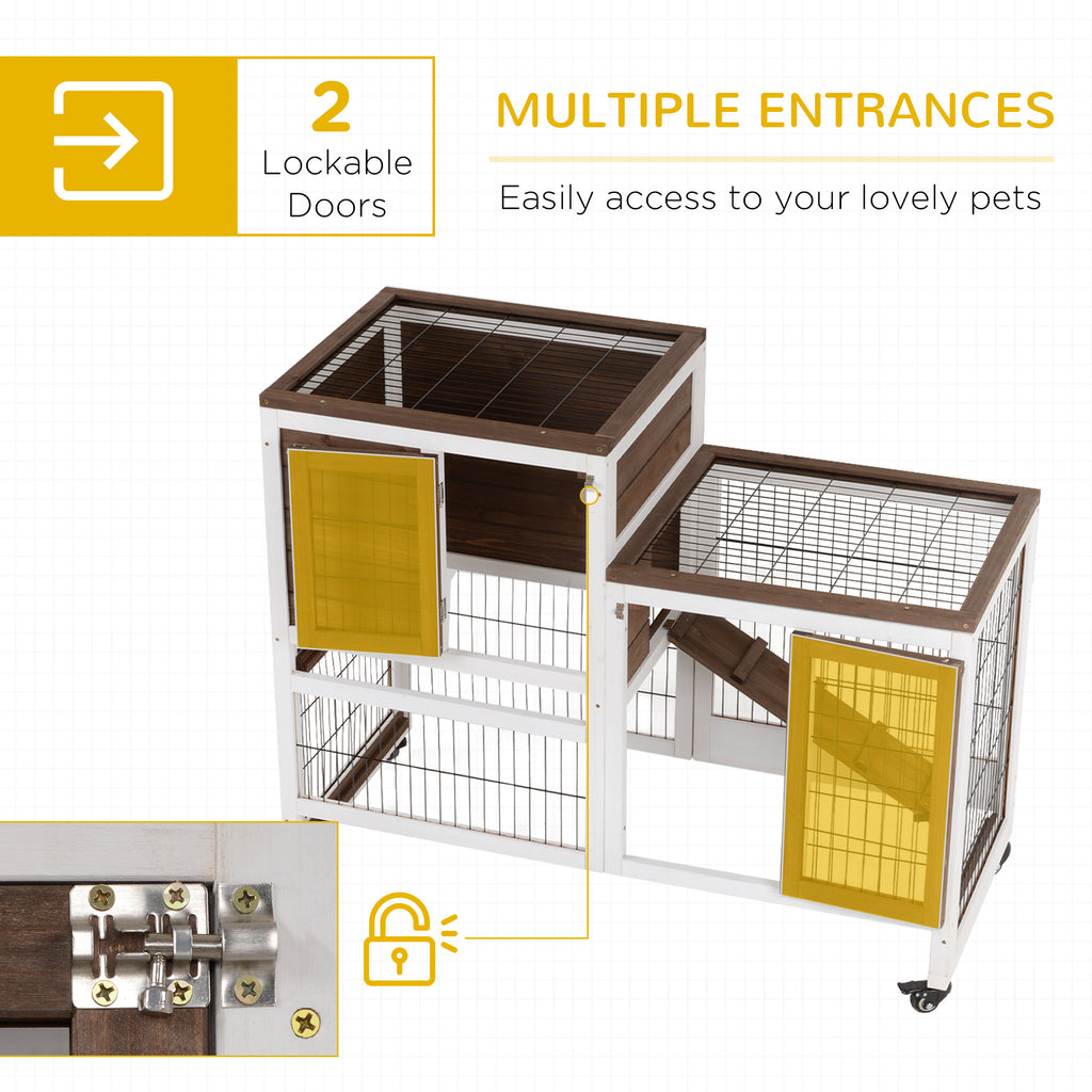 PawHut Two-Tier Rabbit Hutch Pet Cage, With Wheels - Brown