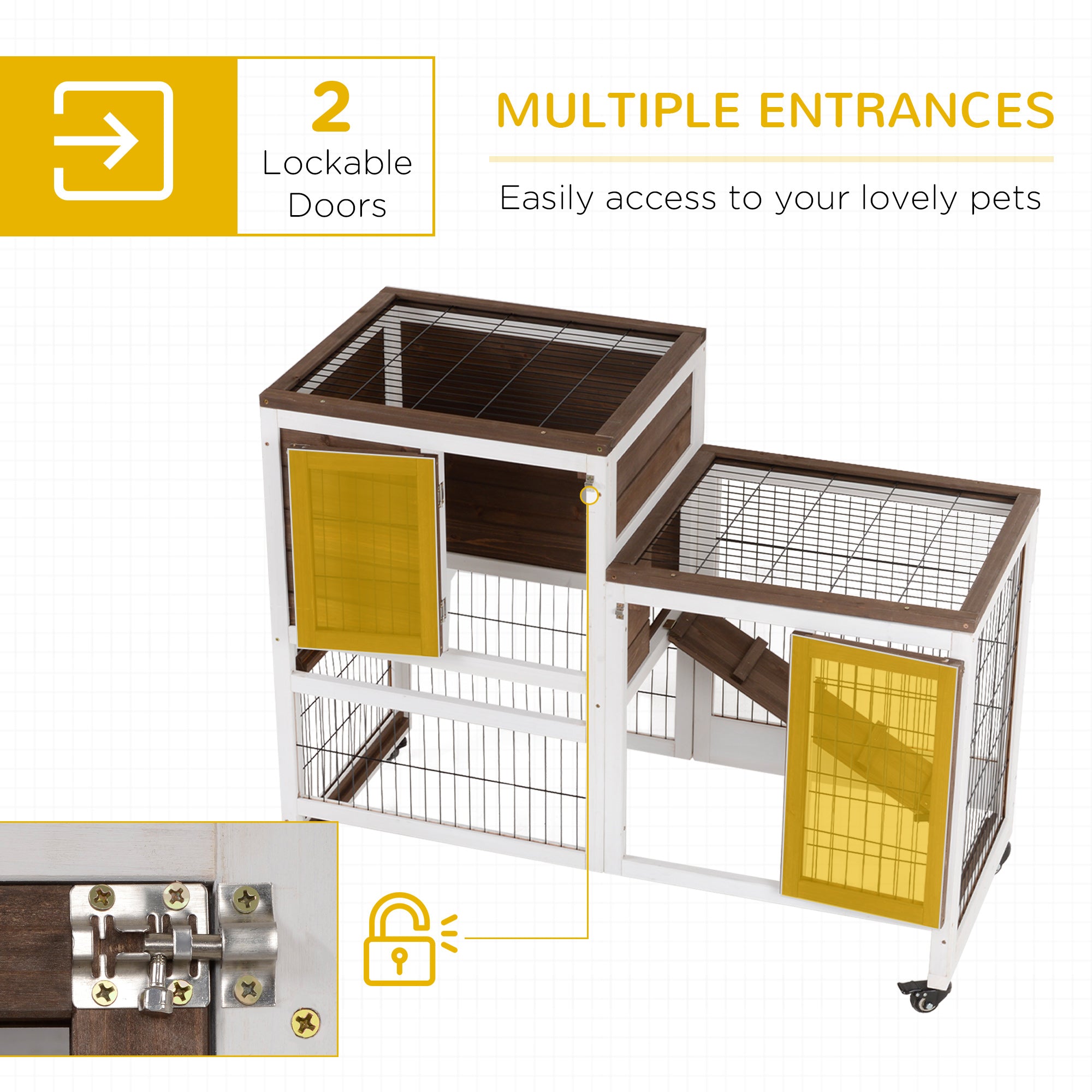 PawHut Two-Tier Rabbit Hutch Pet Cage, With Wheels - Brown