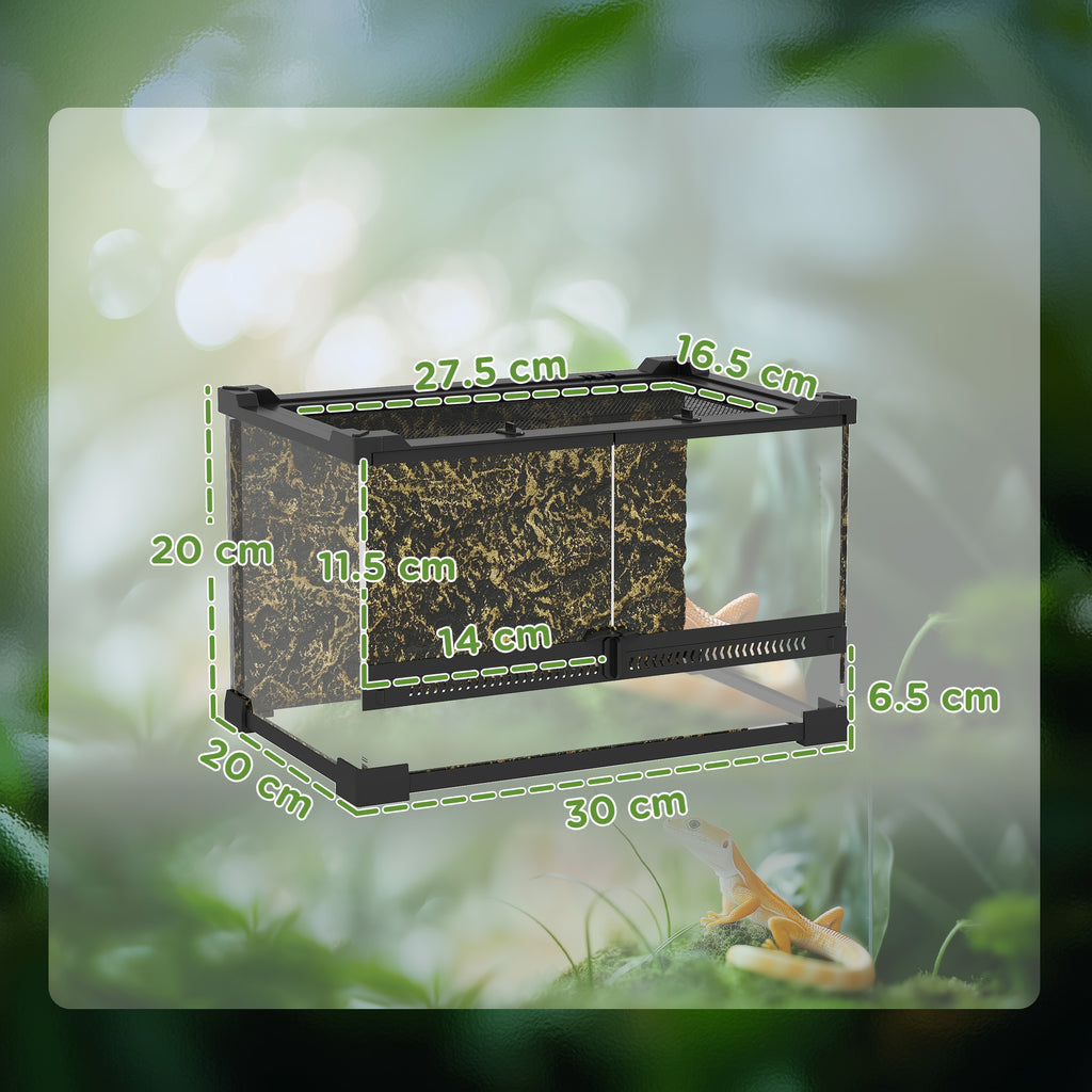 PawHut Reptile Glass Terrarium With Stone Background, Front Ventilation, Escape-Proof Knob Lock, 30 X 20 X 20 Cm, Black
